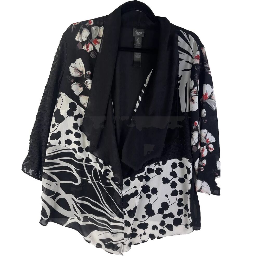 Chicos Travelers Black White Chiffon Patchwork Artisan Jacket Womens L Mesh